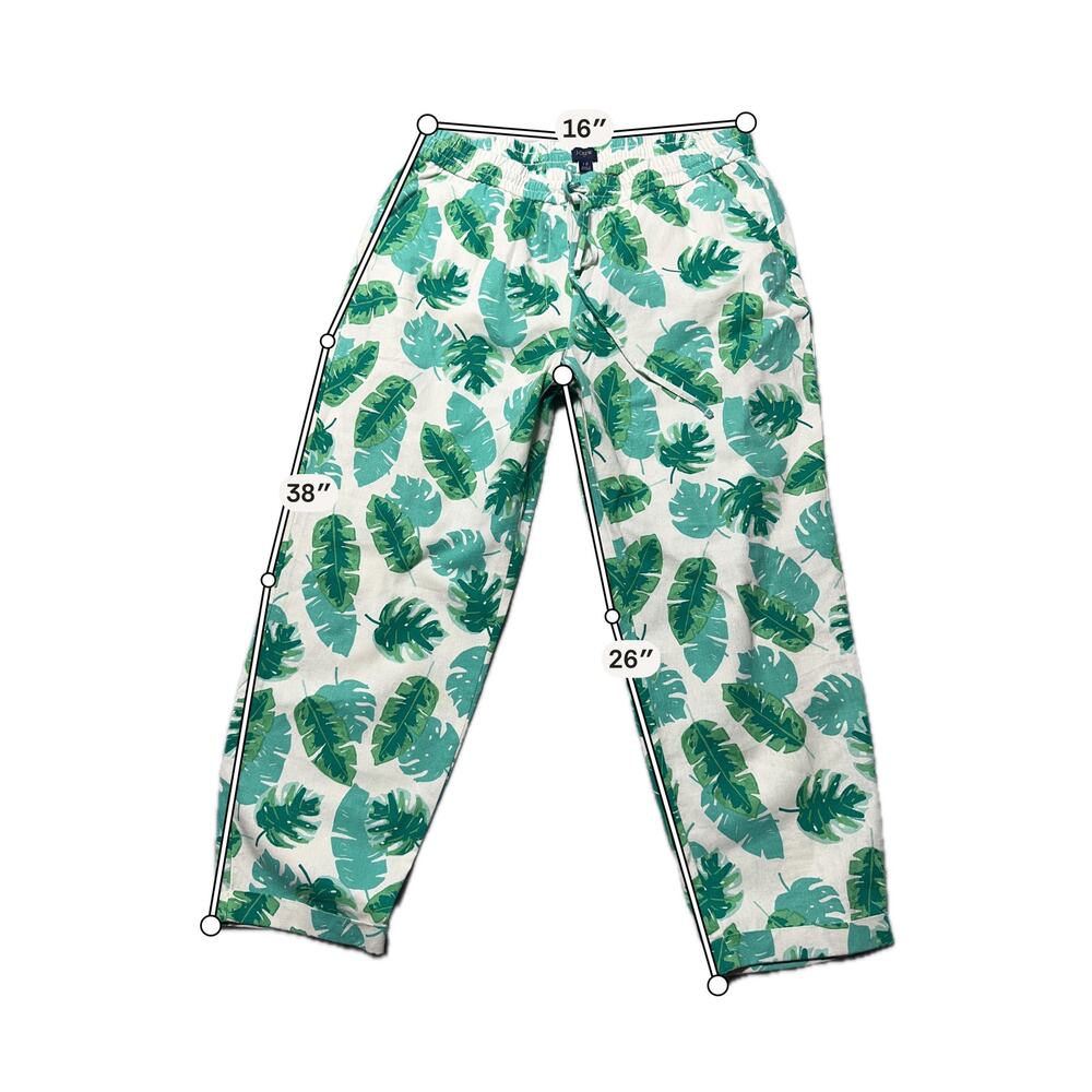 J.Crew 2 Piece Set Womens M Green White Linen Blend Palm Leaf Beach Top & Pants - Picture 15 of 16
